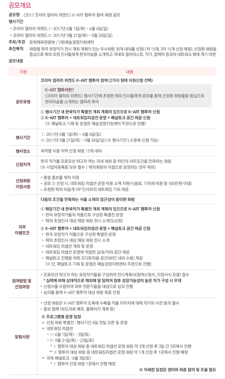 2017 코리아 갤러리 위켄드 K-ART팸투어 참여 화랑 공모 안내