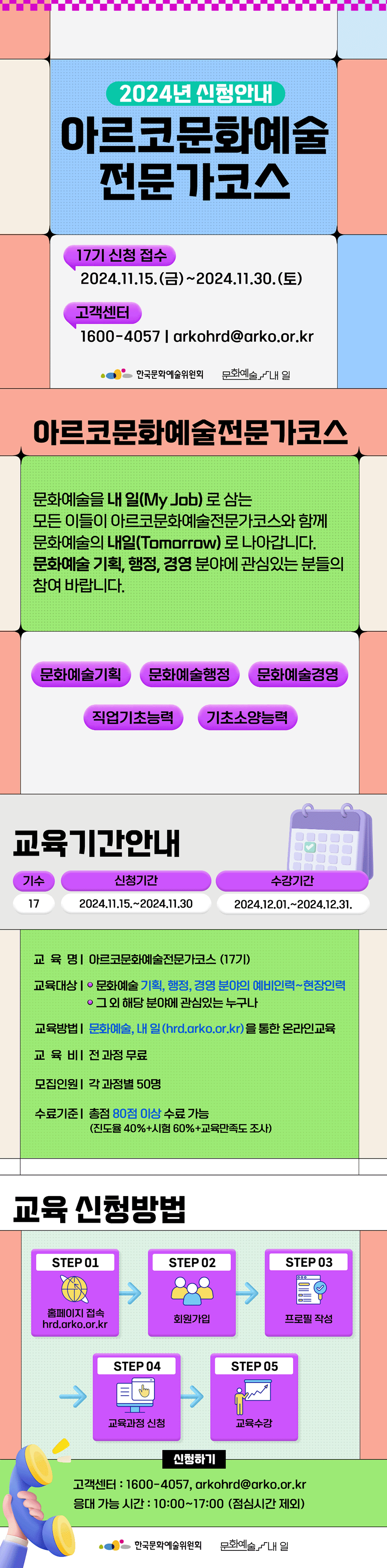 2024년 신청안내. 아르코문화예술전문가코스 17기 신청 접수 : 2024.11.15.(금)~2024.11.30.(토) 고객센터 1600-4057, arkohrd@arko..kr 아르코문화예술전문가코스 : 문화예술을 내 일(My job)로 삼는 모든 이들이 아르코문화예술전문가코스와 함께 문화예술의 내일(Tomrow)로 나아갑니다. 문화예술 기획, 행정, 경영 분야에 관심있는 분들의 참여 바랍니다. 문화예술기획, 문화예술행정, 문화예술경영, 직업기초능력, 기초소양능력. 교육기간 안내. 기수 : 17기, 신청기간 : 2024.11.15.~2024.11.30. 수강기간 : 2024.12.01.~2024.12.31. 교육명-아르코문화예술전문가코스(17기) 교육대상-문화예술 기획, 행정, 경영 분야의 예비인력~현장인력, 그 외 해당 분야에 관심있는 누구나. 교육방법-문화예술, 내 일(hrd.arko..kr)을 통한 온라인교육 교육비-전 과정 무료 모집인원-각 과정별 50명 수료기준-총점 80점 이상 수료 가능(진도율 40+시험 60+교육만족도 조사) 교육 신청방법 STEP 01 홈페이지 접속(hrd.arko..kr) STEP 02 회원가입 STEP 03 프로필 작성 STEP 04 교육과정 신청 STEP 05 교육수강. 신청하기 버튼. 고객센터 : 1600-4057, arkohrd@arko..kr 응대 가능 시간 : 10:00~17:00 (점심시간 제외) 한국문화예술위원회 문화예술, 내 일