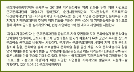 문화체육관광부(이하 문체부)는 2013년 지역문화재단 역량 강화를 위한 지원 사업으로 군포문화재단의 ‘파출소가 돌아왔다’, 춘천시문화재단의 ‘도시문화창조 프로젝트’와 익산문화재단의 ‘전국지역문화재단 지식공유포럼’ 등 3개 사업을 선정하였다. 문체부는 기초 지자체 지역문화재단의 주체적 역량 강화를 위하여 전국 40여 개 지역문화재단을 대상으로 올해 최초로 공모를 실시하였으며, 선정 사업에는 1억 원 내외의 사업비를 지원한다. / ‘파출소가 돌아왔다’는 군포문화재단을 중심으로 지역 주민들과 지역 문화예술가 및 문화예술 단체들이 연계하여, 군포시 내 소재 당정파출소 등 6개 파출소의 유휴 공간과 부지를 창조적 문화예술 공간으로 바꿔가는 사업이다. 문체부는 군포문화재단의 사업이 지역 유휴 공간의 창조적 활용, 문화예술 강좌 수료생들의 문화예술 활동 공간 제공, 지역 문화예술가의 활동 영역 확대를 통한 일자리 창출 및 지역문화재단을 중심으로 하는 지역문화 네크워크 구축 등의 좋은 사례를 만들 것으로 기대하고 있다. 문체부는 국정과제인 ‘지역문화재단을 지역문화 인력·프로그램 거점으로 육성’하기 위한 다양한 사업들을 지속적으로 발굴하여 지원해나갈 계획이다. (2013.05.22 문화체육관광부)